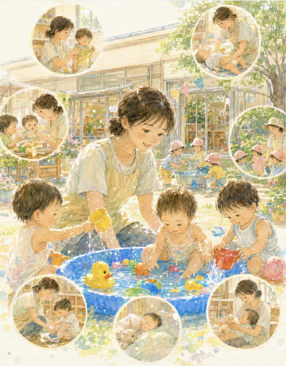 水遊びの見守りや食事の介助など、汗をかきながら一日中動き回る保育士の様子